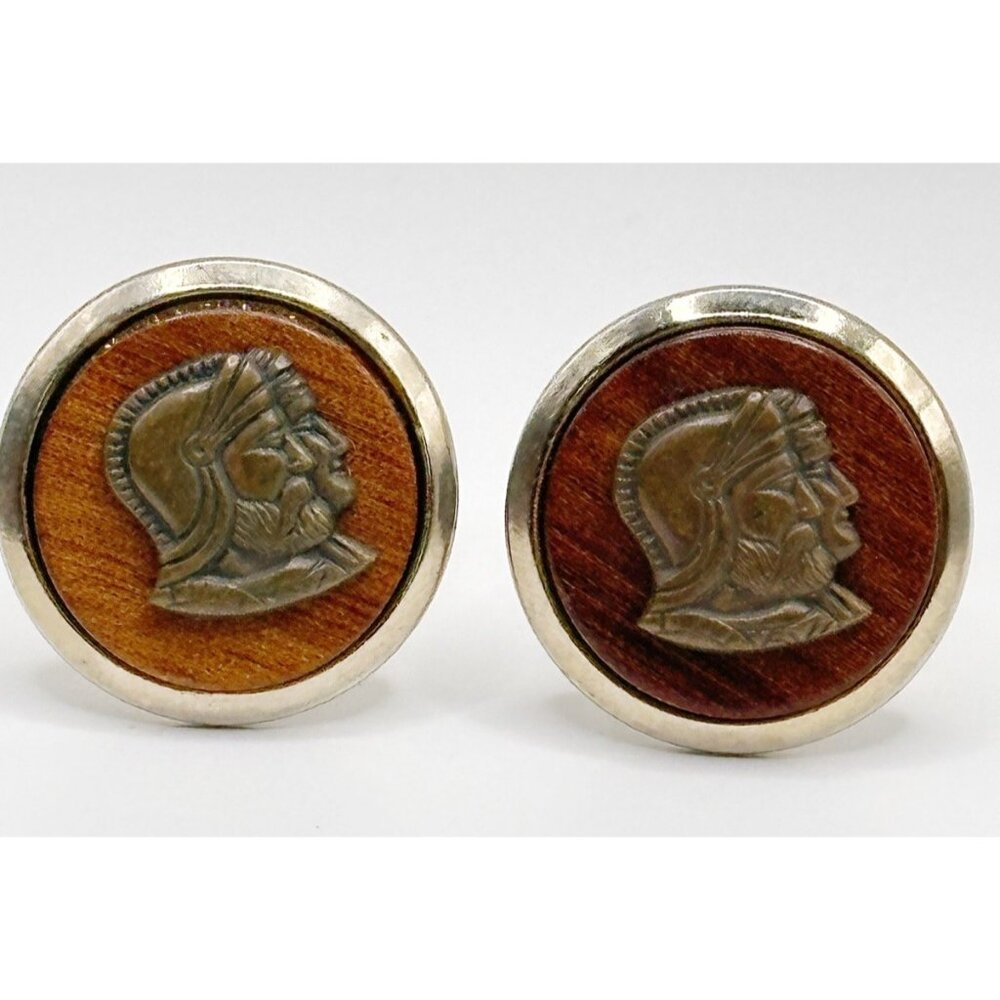 Metal Bronze Cameo Centurion Roman Brown Wood Cufflinks Cuff Links‎